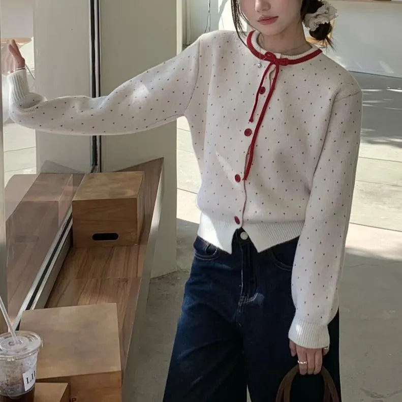 Women's polka dot jacquard lace-up single-breasted knitted sweater cardigan in loose fit