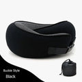 U-shaped memory foam travel neck pillow rolled up next to its carry bag, showing navy blue and grey colour options.