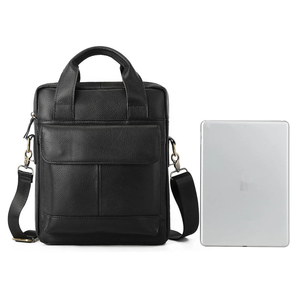 Genuine leather retro vertical briefcase men's bag with sewing thread detailing in black colour