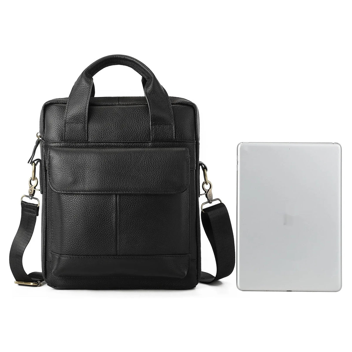 Genuine leather retro vertical briefcase men's bag with sewing thread detailing in black colour