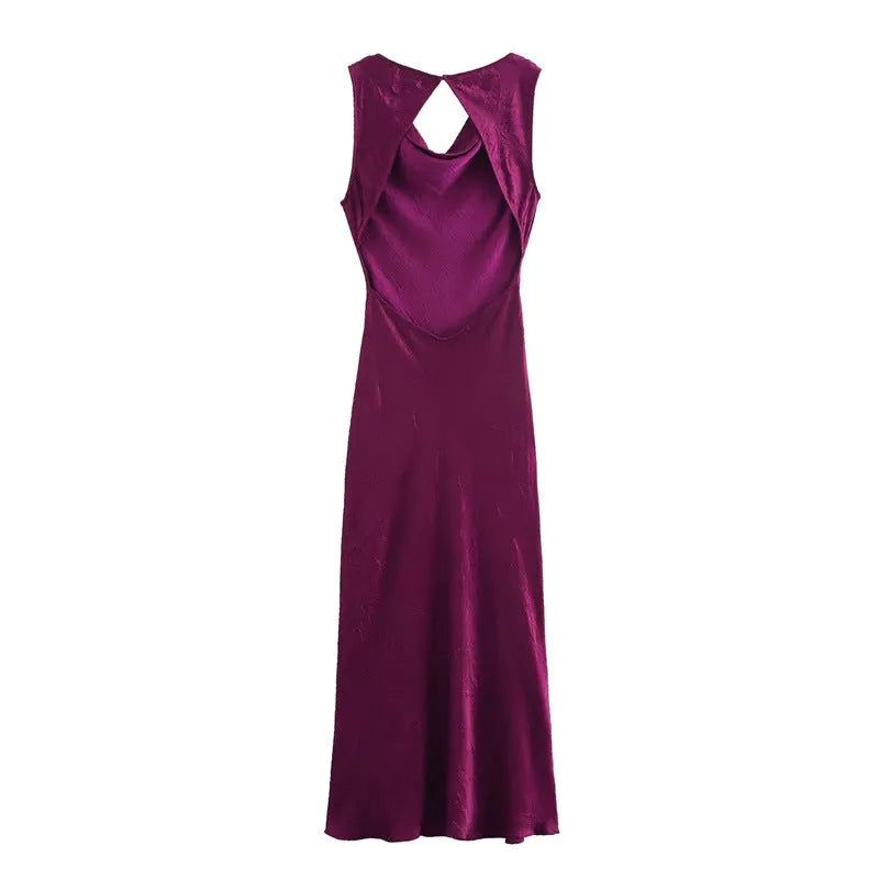 Women's sleeveless V-neck long dress in golden yellow with lace-up detail, polyester fabric, solid colour, street fashion style