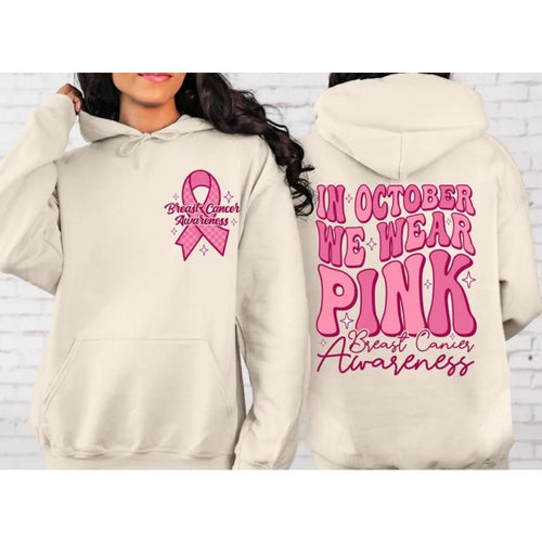 Breast cancer awareness pullover hoodie with retro art design and side seam pocket in pink colour.