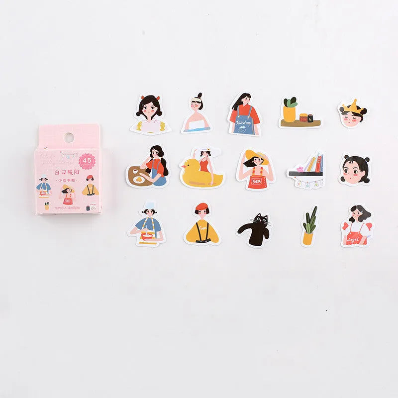 Boxed pack of 45 cartoon paper stickers with 15 patterns in 43x43mm size, featuring cute fruit designs