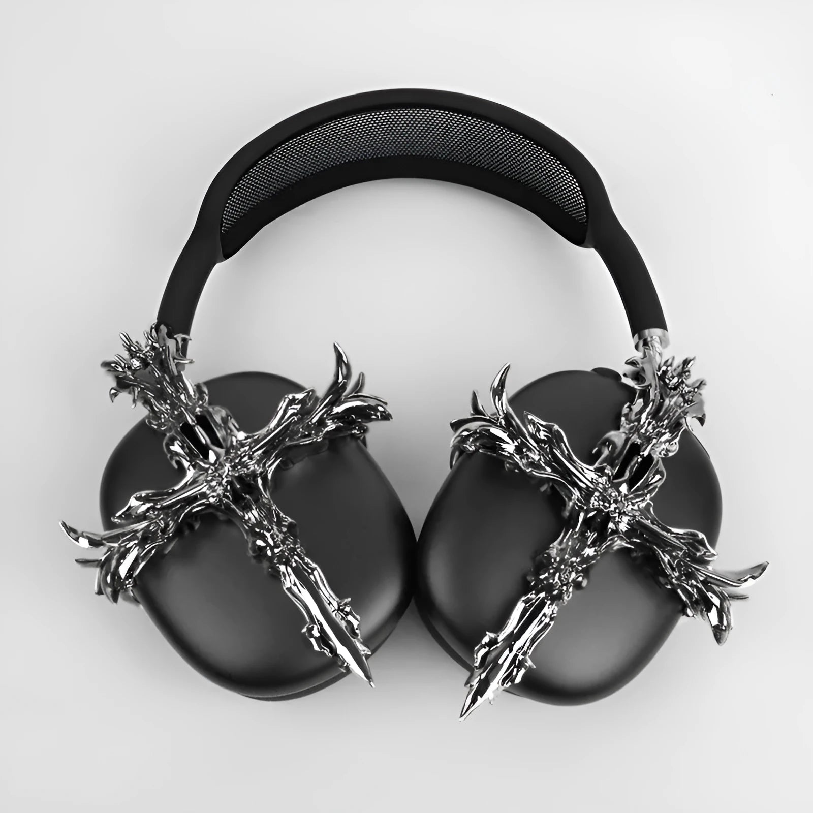 Gothic cross design hard resin covers for Apple AirPods Max headphones in silver and gun metal colours