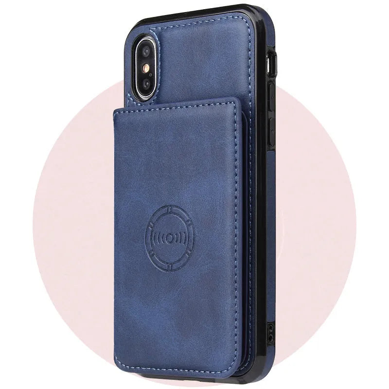 Synthetic leather back cover phone case with card wallet slot for iPhone, shown in multiple colour options.