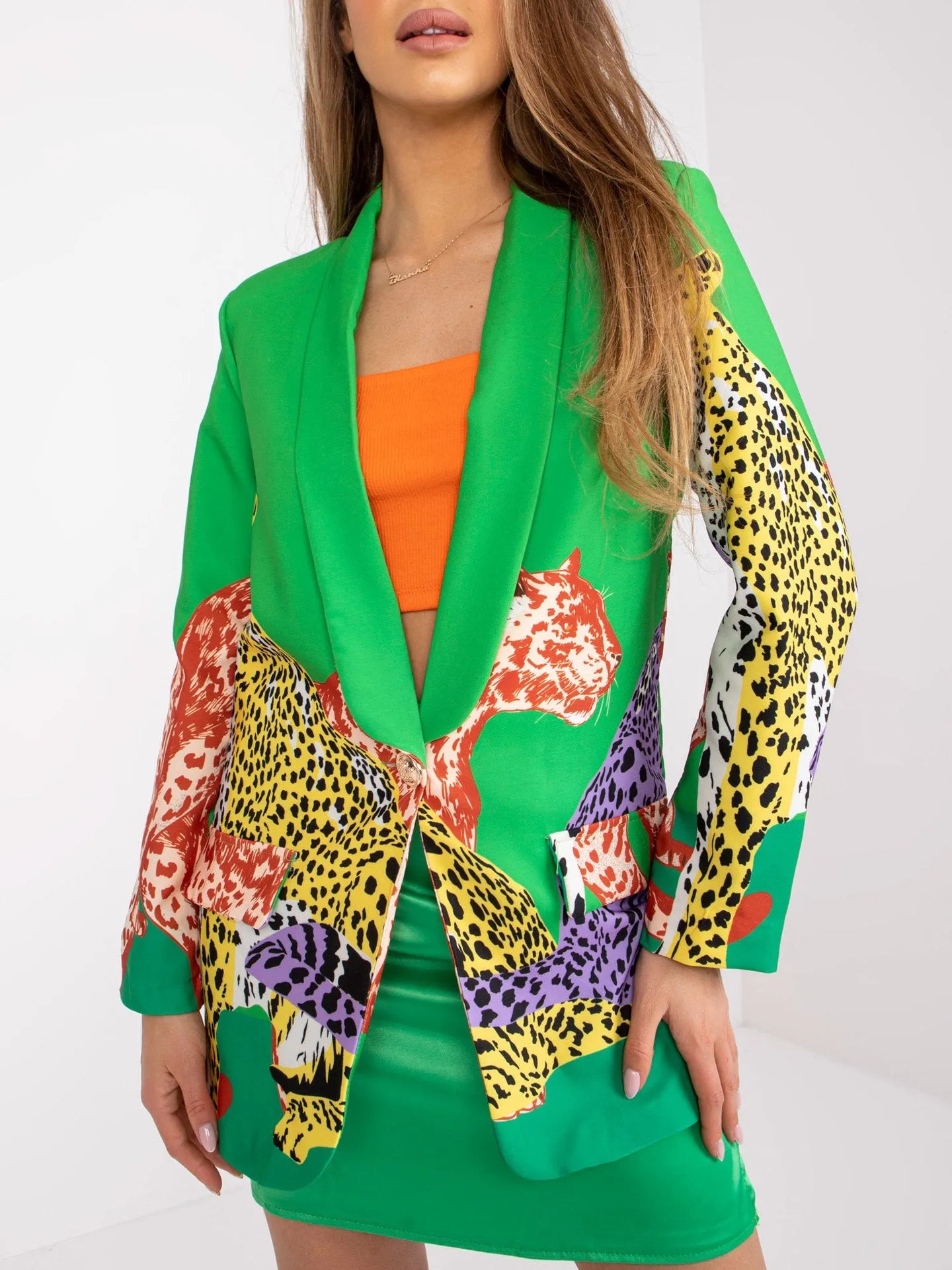Leopard print slim fit long jacket for women with contrast colour and side pockets