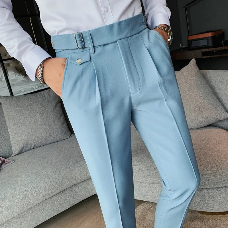 Men's straight-leg casual trousers in solid colours including black, gray, and khaki.