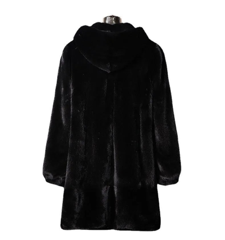 Women's long black faux fur hooded coat for autumn winter street fashion