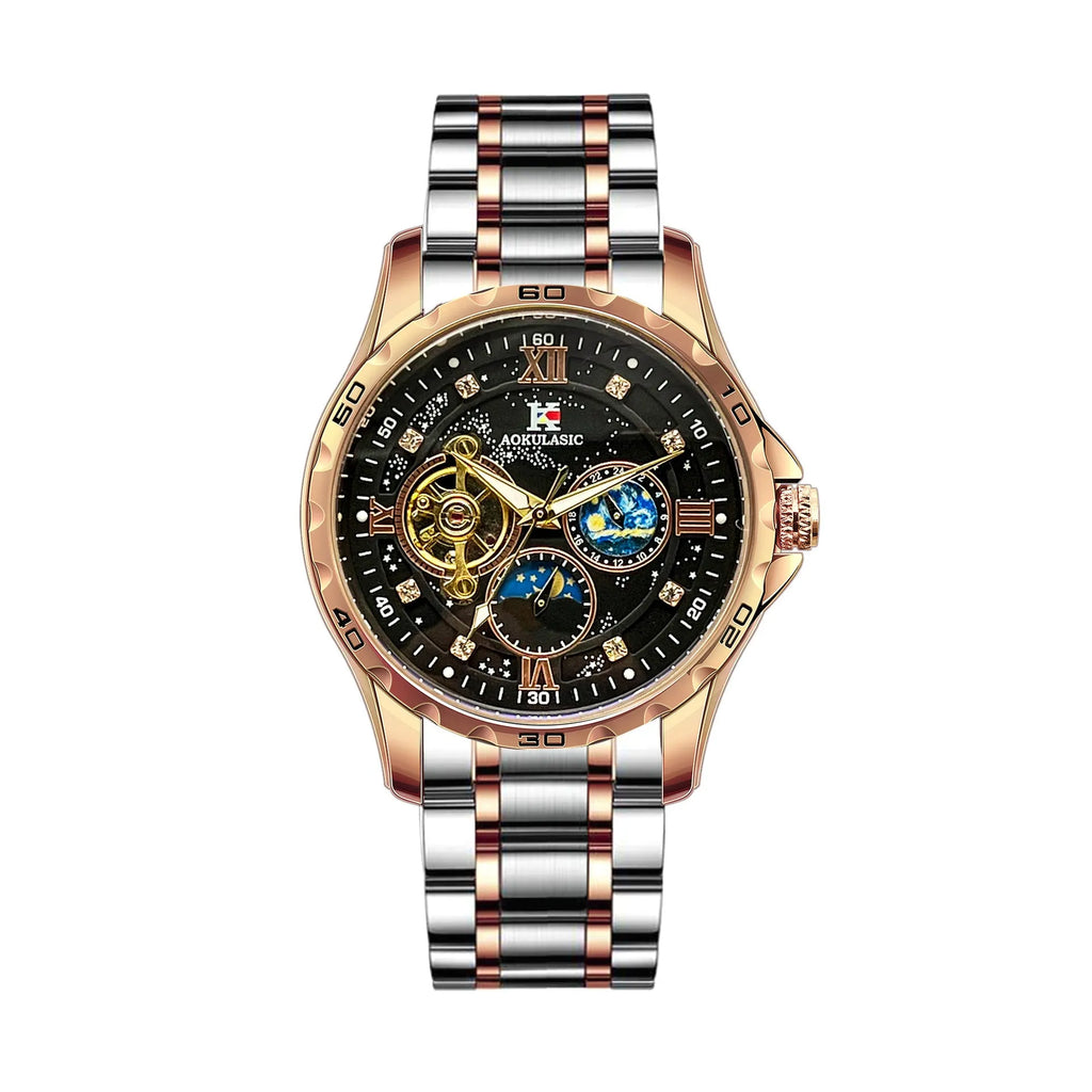 Automatic mechanical men's watch with rose gold case, black dial, and stainless steel bracelet.