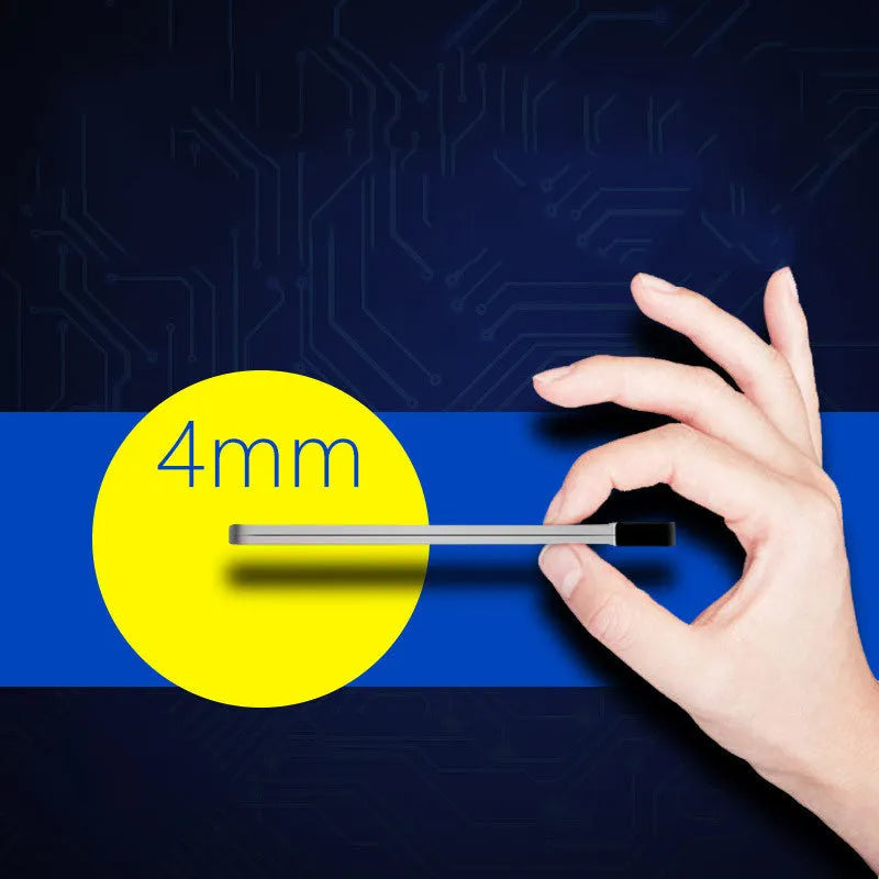 Sliver graphene battery power bank showing compact 140mm x 72mm x 4mm dimensions