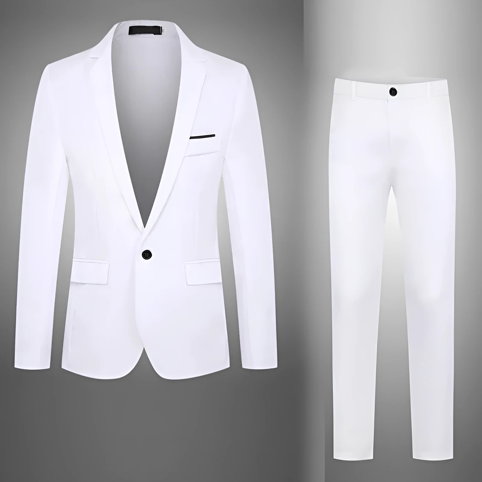 Men's loose fit suit jacket for weddings in various colours including black, blue, and wine red.