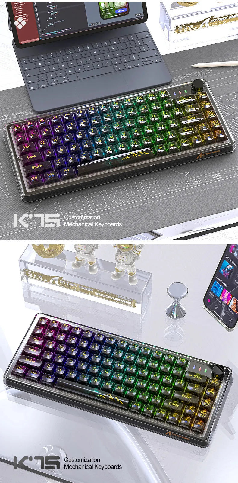 Attack Shark K75 RGB wireless mechanical keyboard with transparent case and RGB lighting