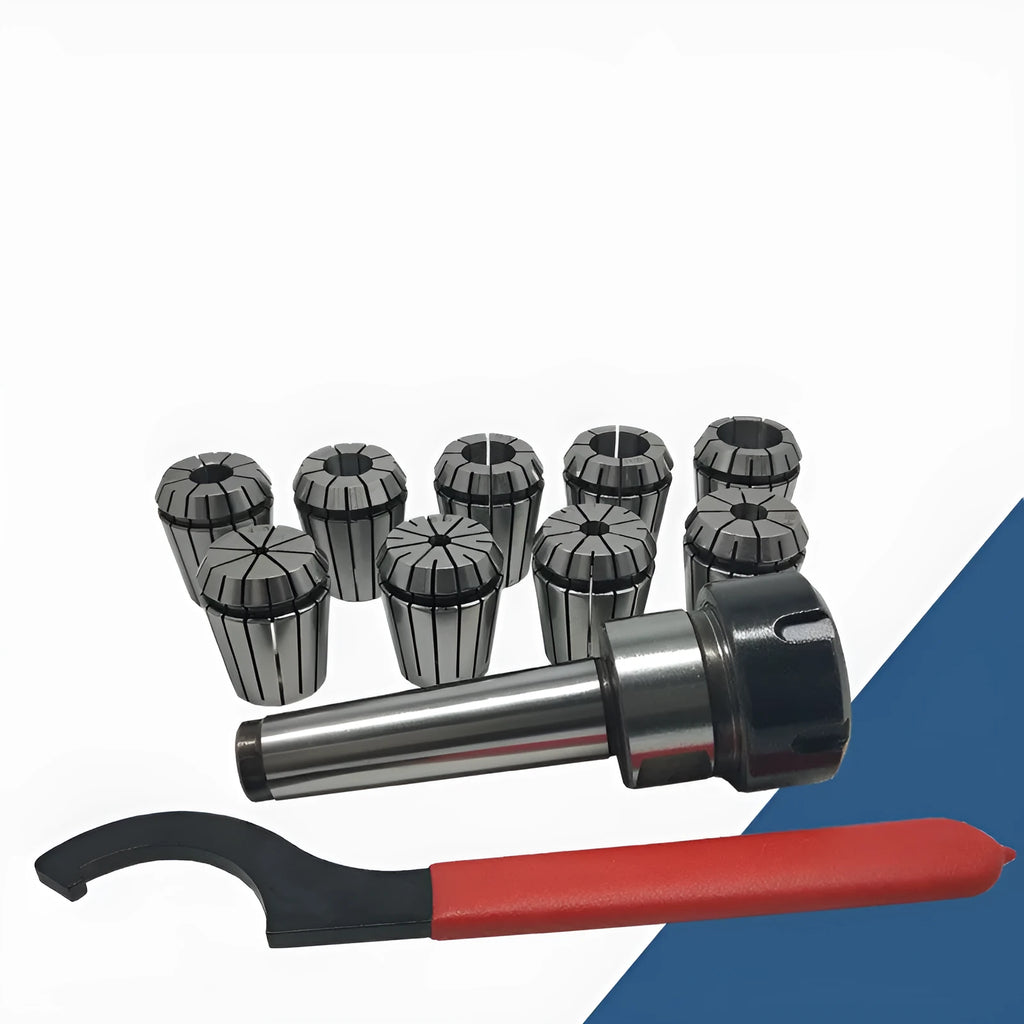 ER32 CNC milling tool set with collets, Morse taper arbor, and wrench on a workbench