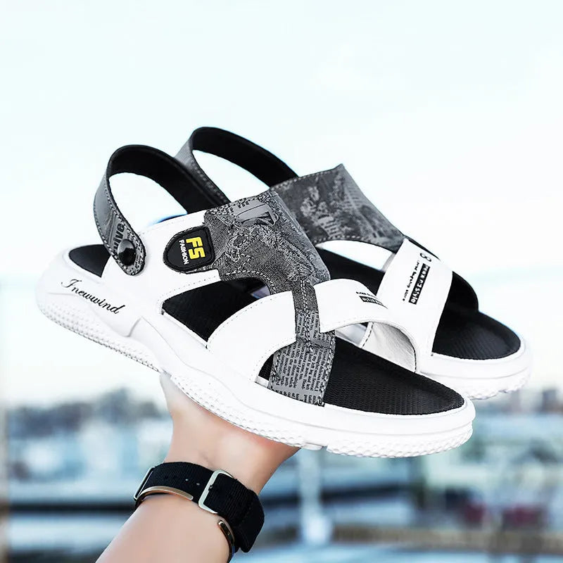 Men's summer open toe sandal in black with non-slip PVC sole and microfiber leather upper