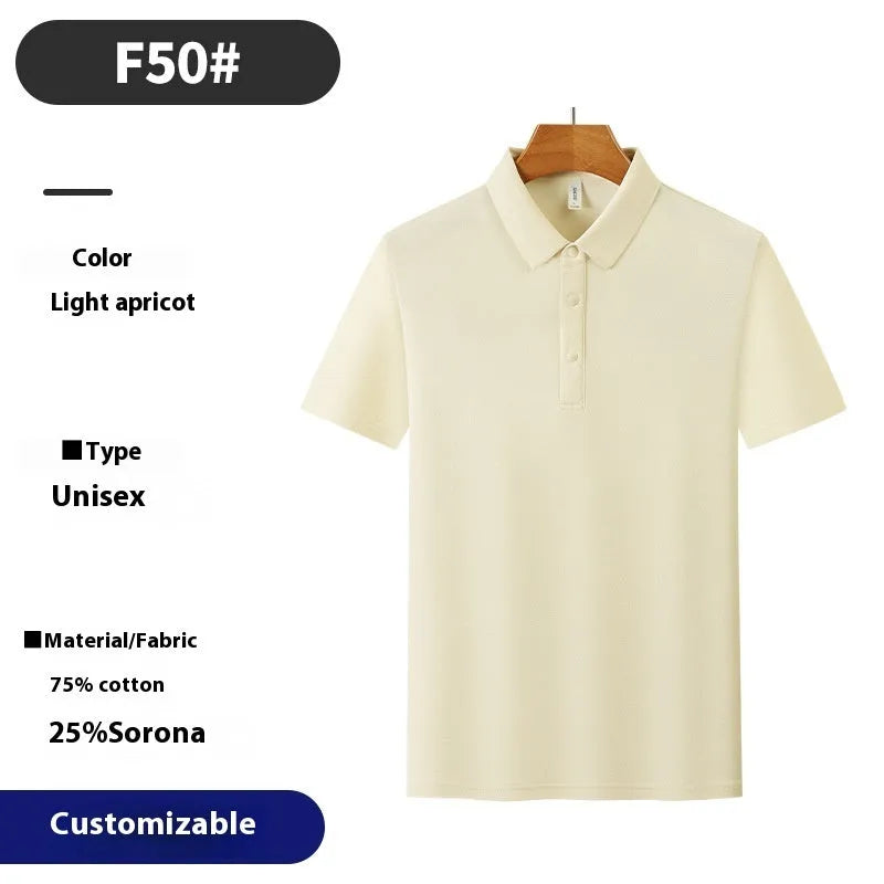 Men's short sleeve business polo shirt in cotton blend fabric with seamless construction, shown in solid colour options