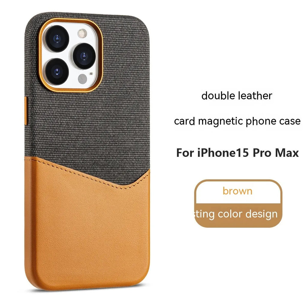 Leather magnetic card phone case in orange colour matching with card holder on back for iPhone