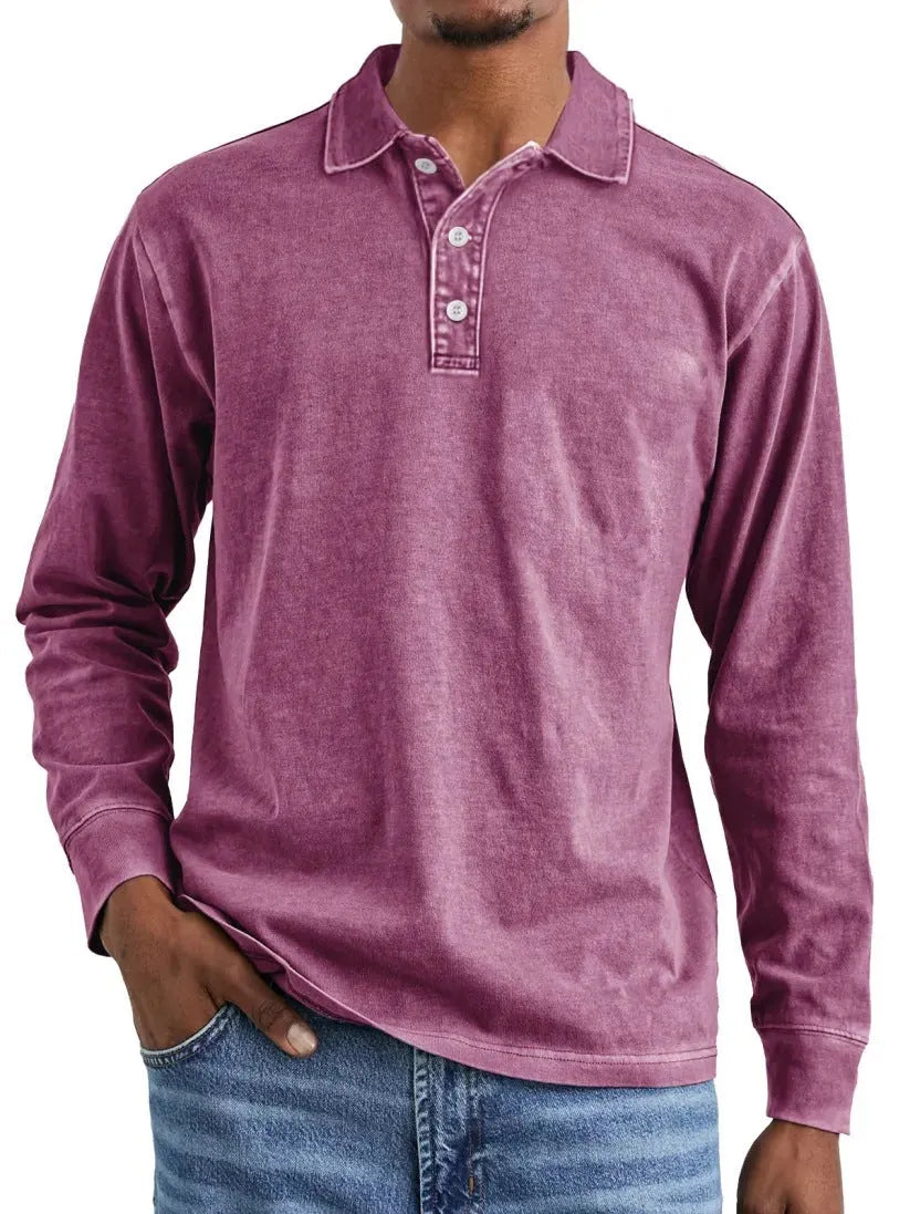 Men's long-sleeve distressed cotton polo shirt with a lapel collar in army green.