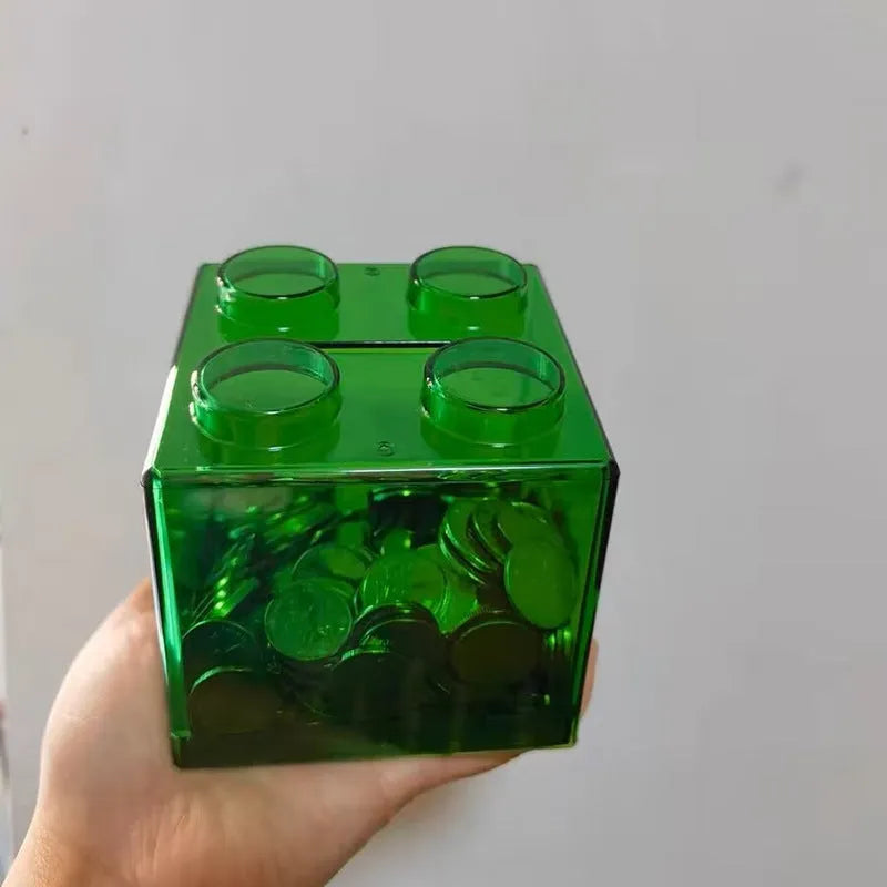 Plastic building blocks piggy bank cube shape 9x9x8.8 cm five colours
