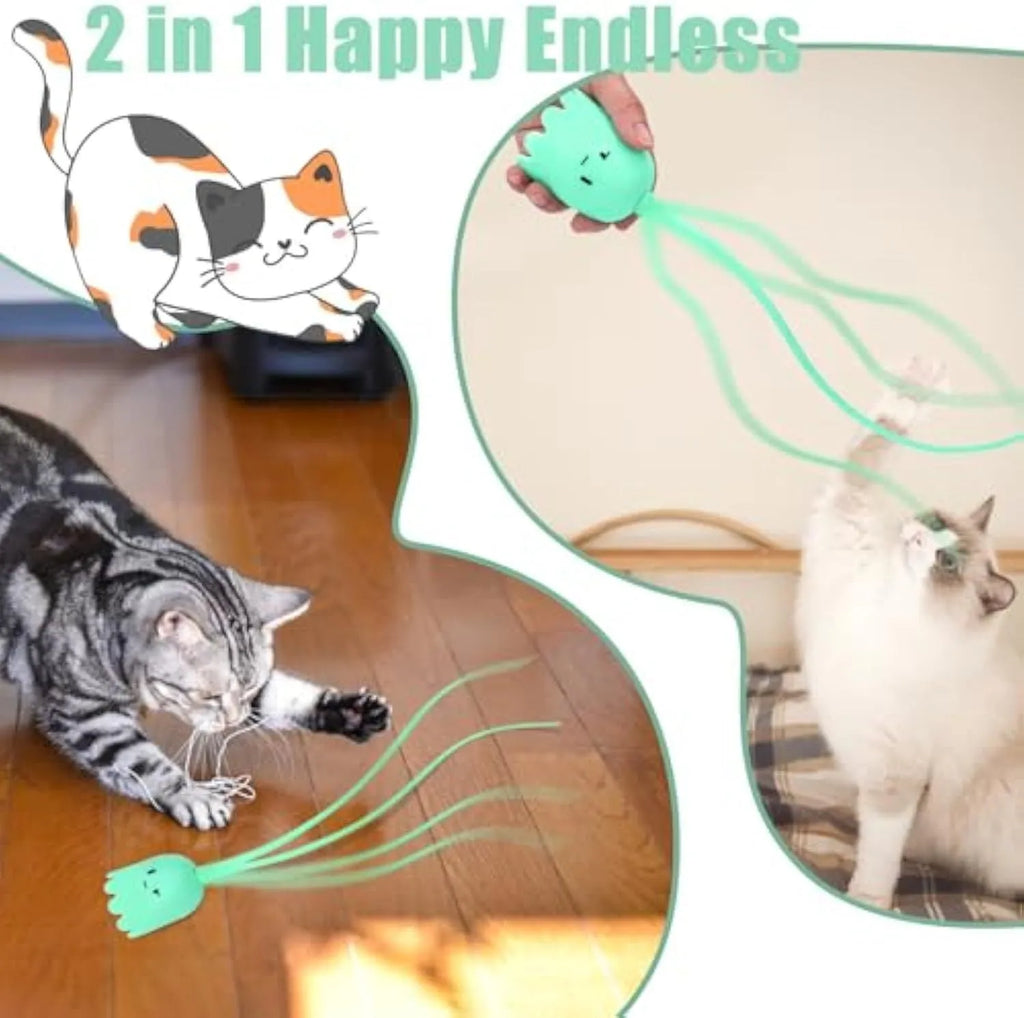 Green electronic cat wand toy with swinging silicone tails for indoor cats