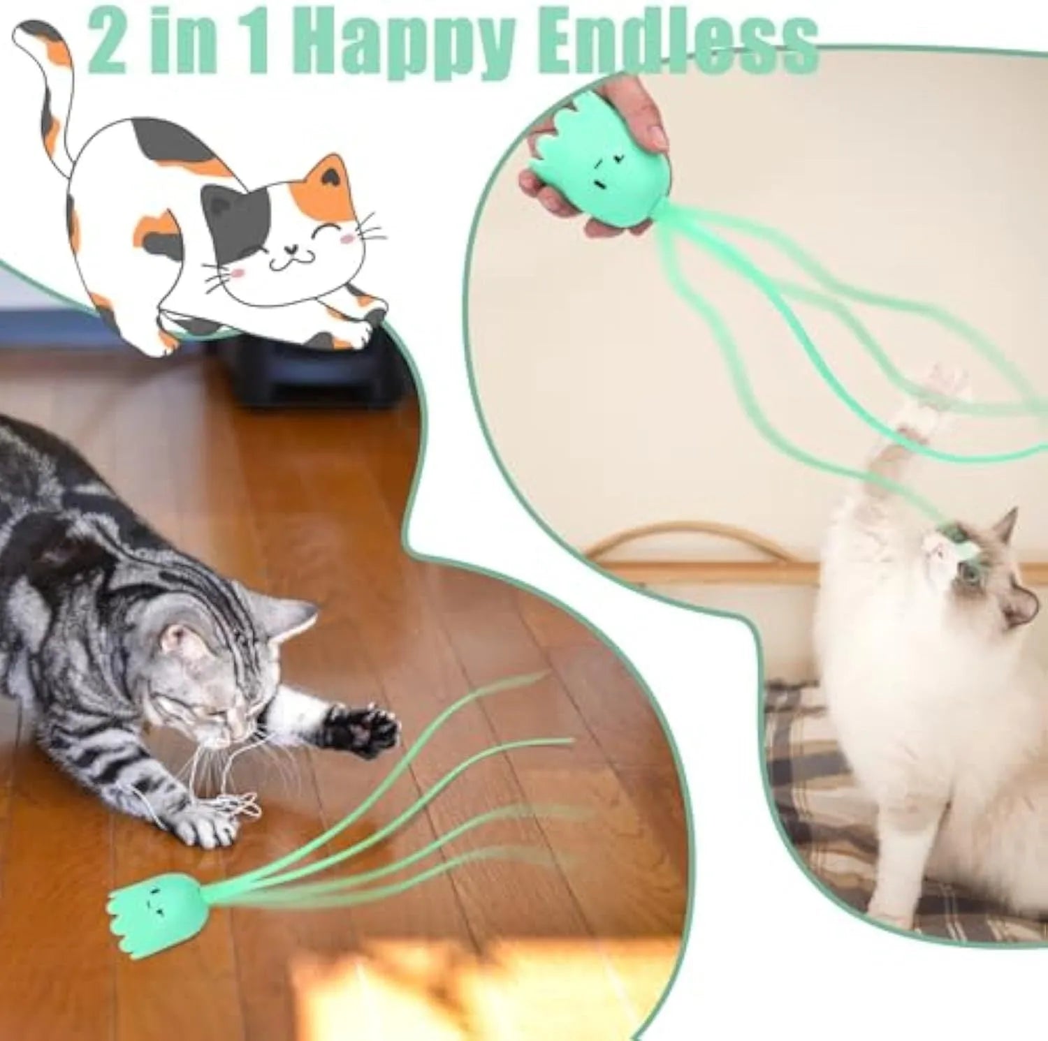 Green electronic cat wand toy with swinging silicone tails for indoor cats