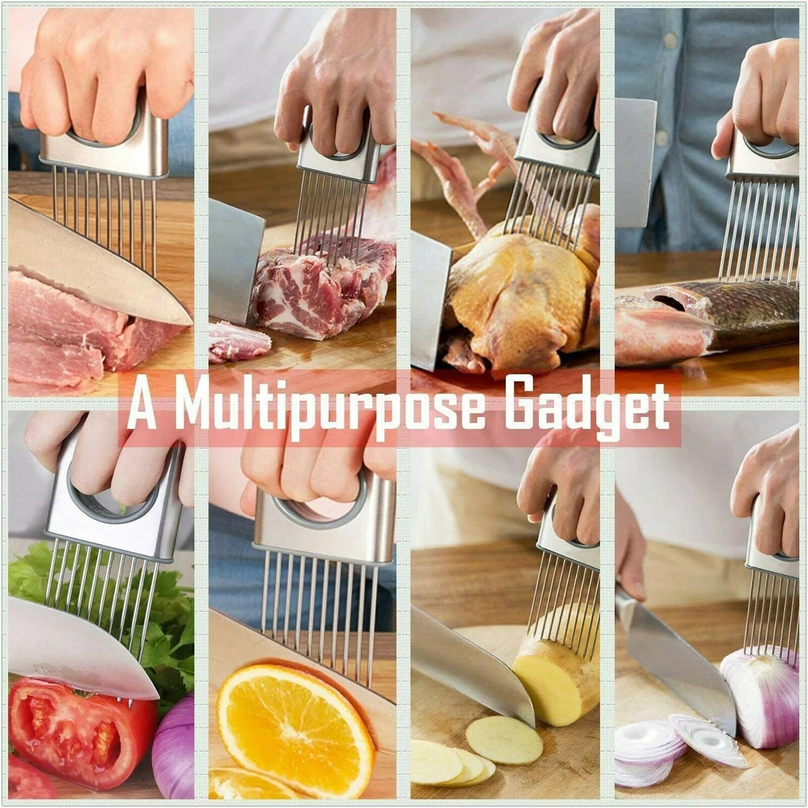 Stainless steel onion holder with sharp prongs and finger guard for cutting vegetables