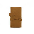 Brown soft leather and microfiber jewellery storage pouch measuring 12 by 12 centimetres.