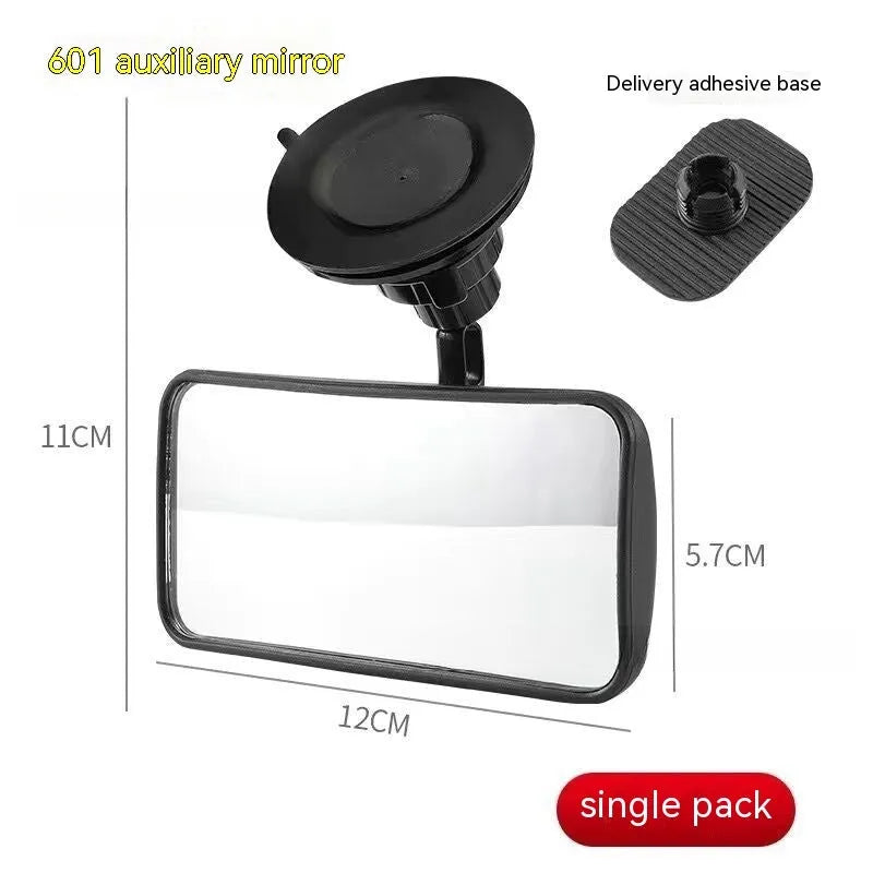 Black 360-degree rotating car rearview mirror with sucker attachment on windscreen