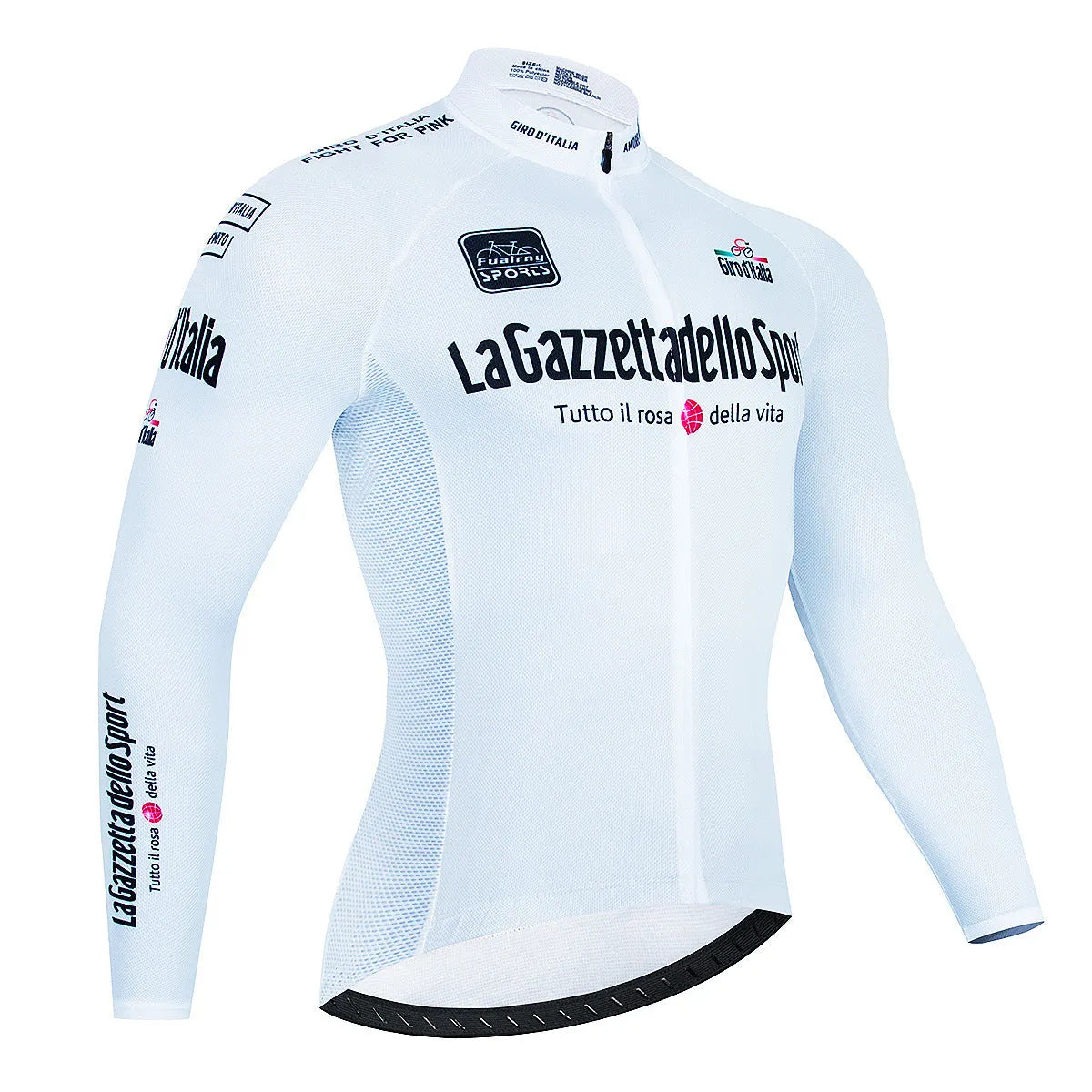 Men's long sleeve patterned cycling top for mountain biking on a mannequin.