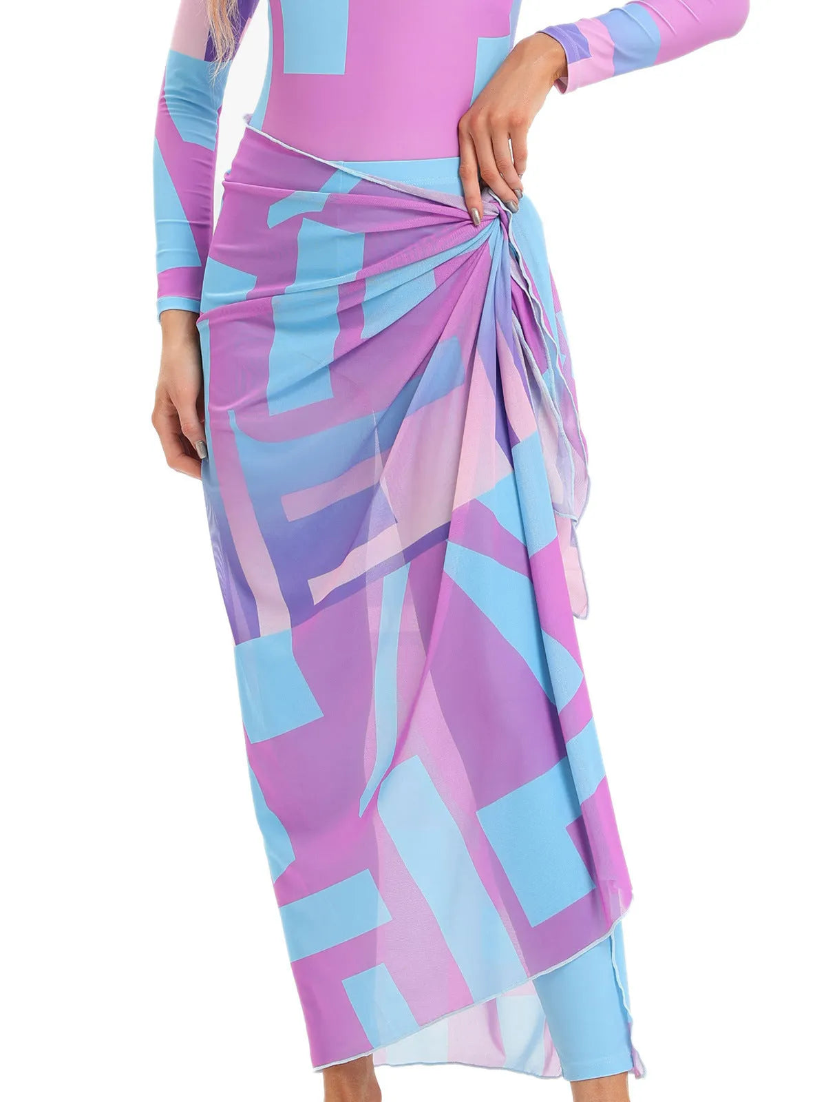 Conservative blue swimsuit and apron three-piece set for women on a mannequin.