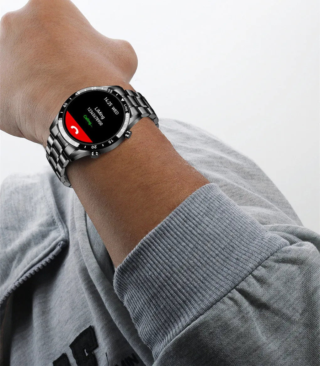 Smart watch with stainless steel wristband and 1.3-inch touch screen display showing step count