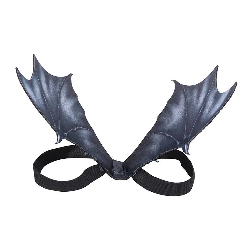 Black cloth bat wings Halloween costume for pets shown in three sizes