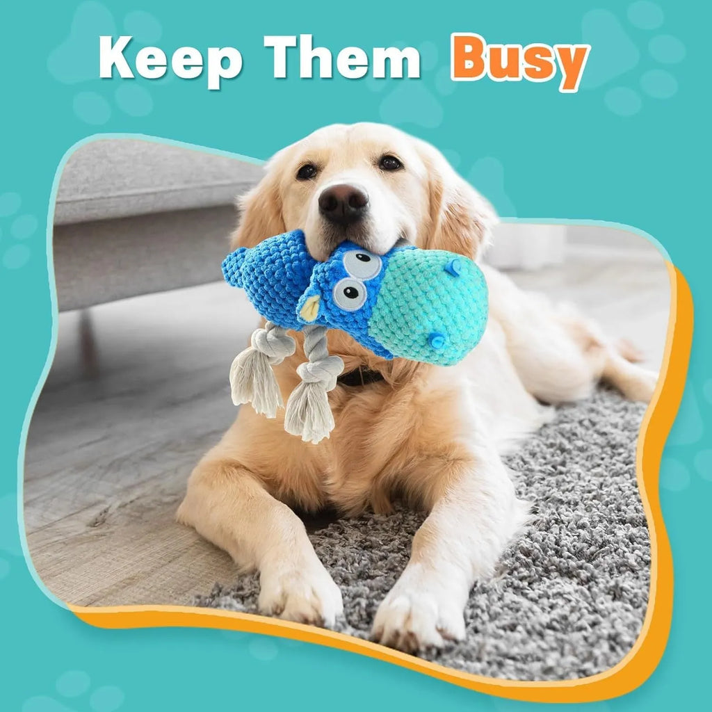 Blue plush dog toy for aggressive chewers with reinforced seams and squeaker