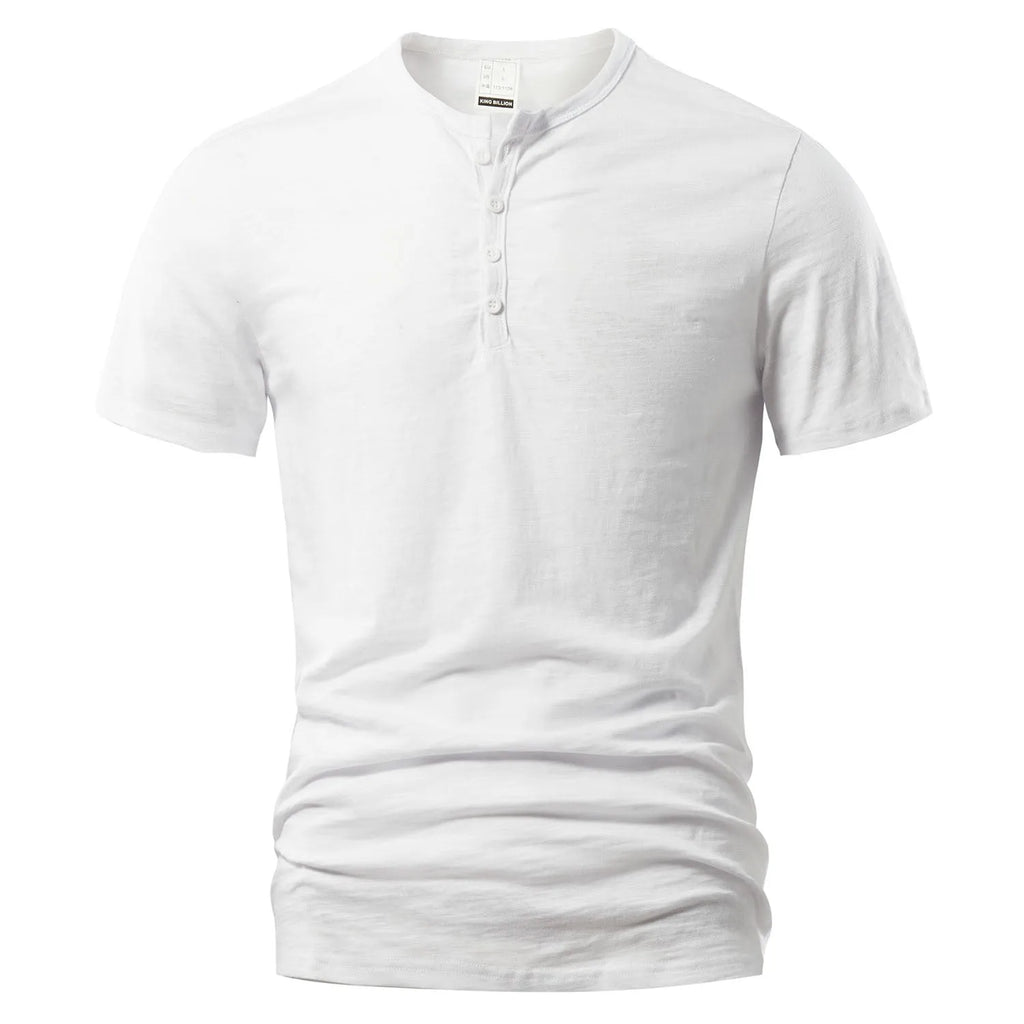 Men's solid colour slub cotton short sleeve T-shirt on a hanger.