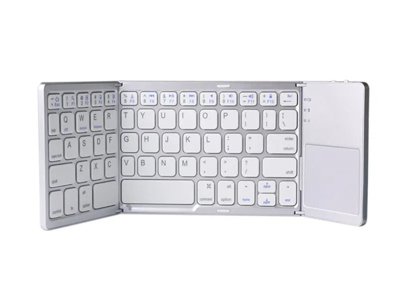 Tri-fold folding touch Bluetooth keyboard shown both open and closed with integrated touchpad