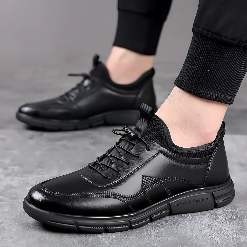Men's black casual business shoes with cowhide leather upper and square heel