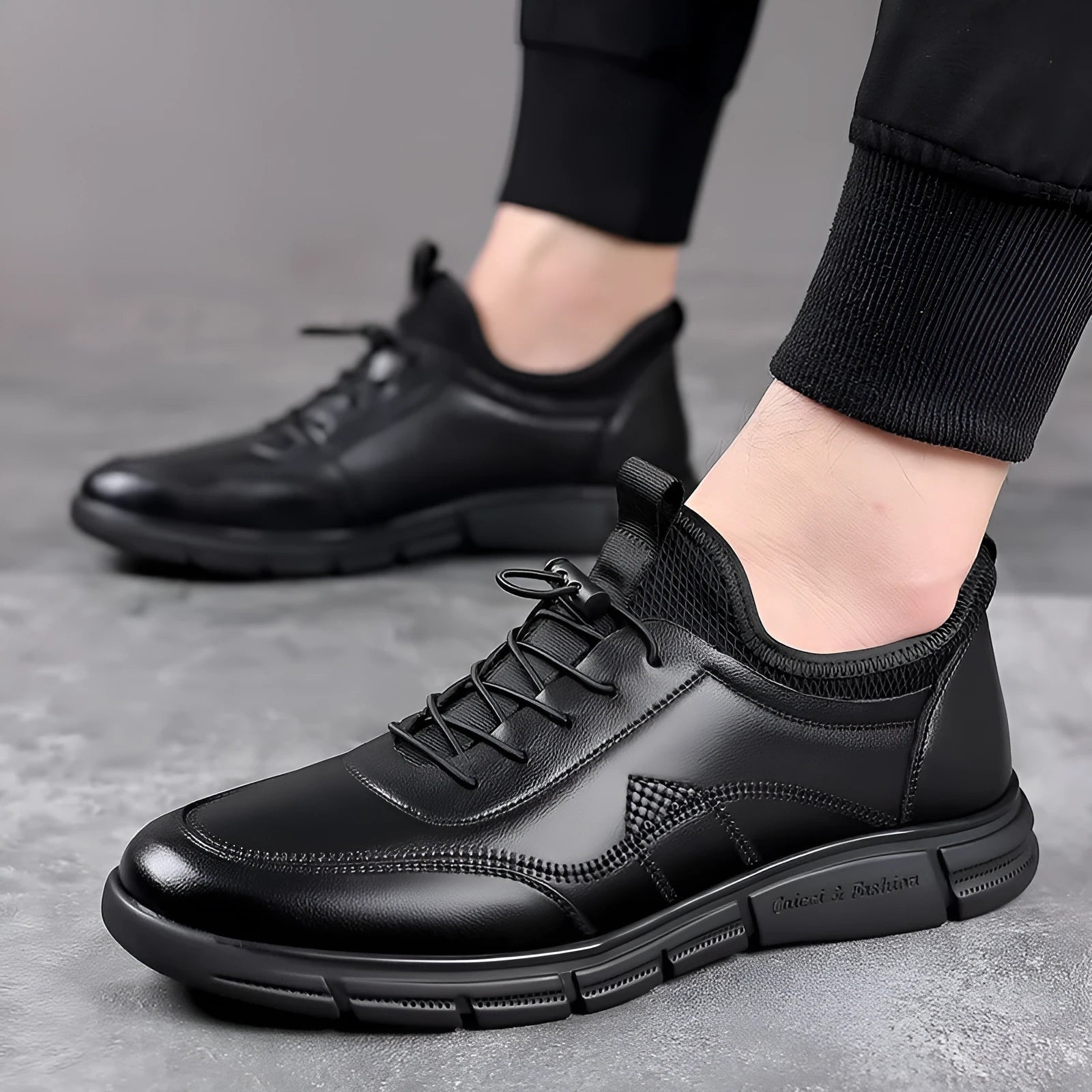 Men's black casual business shoes with cowhide leather upper and square heel