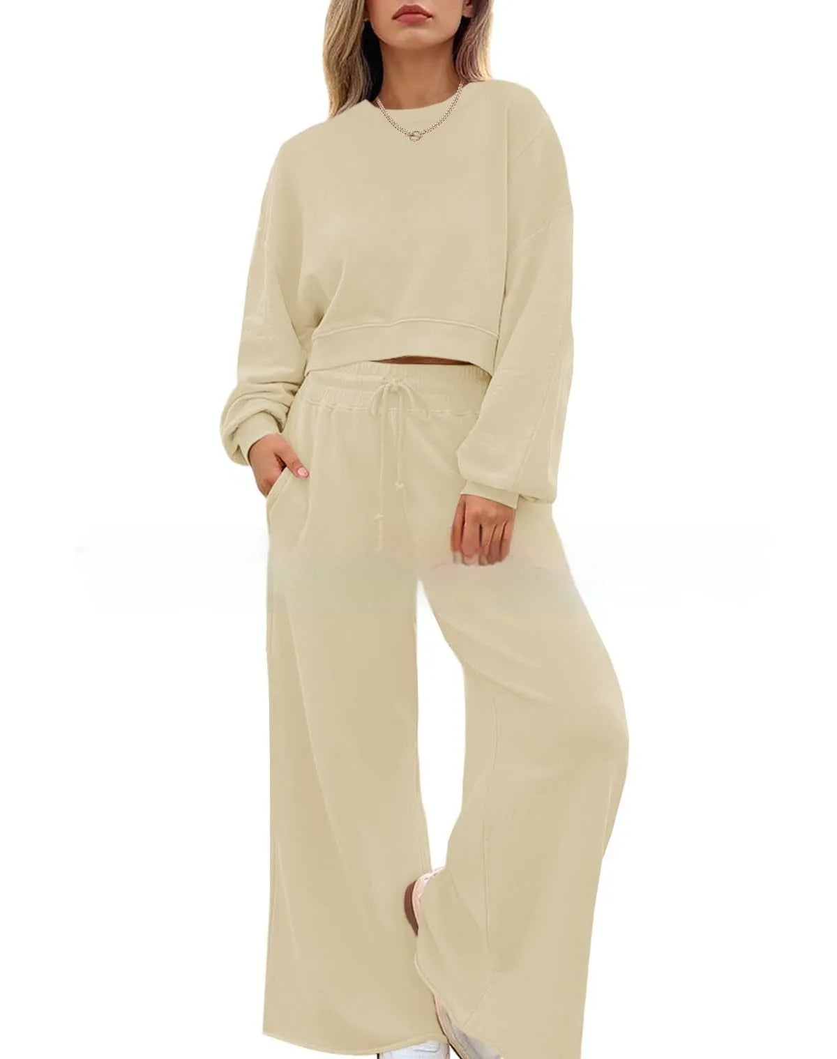 Women's casual two-piece trousers set in solid colour with long sleeves