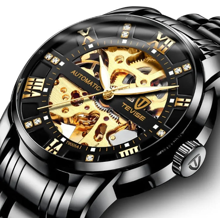 TEVISE T9005A men's automatic mechanical watch with skeleton dial, stainless steel strap, and 41mm round case