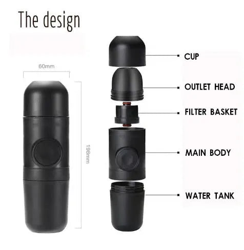Black portable manual coffee machine measuring 6×17.5cm with stainless steel components