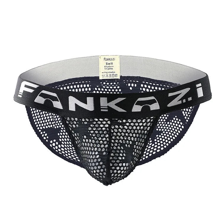 Hollow mesh men's underwear briefs in black colour showing high fork design