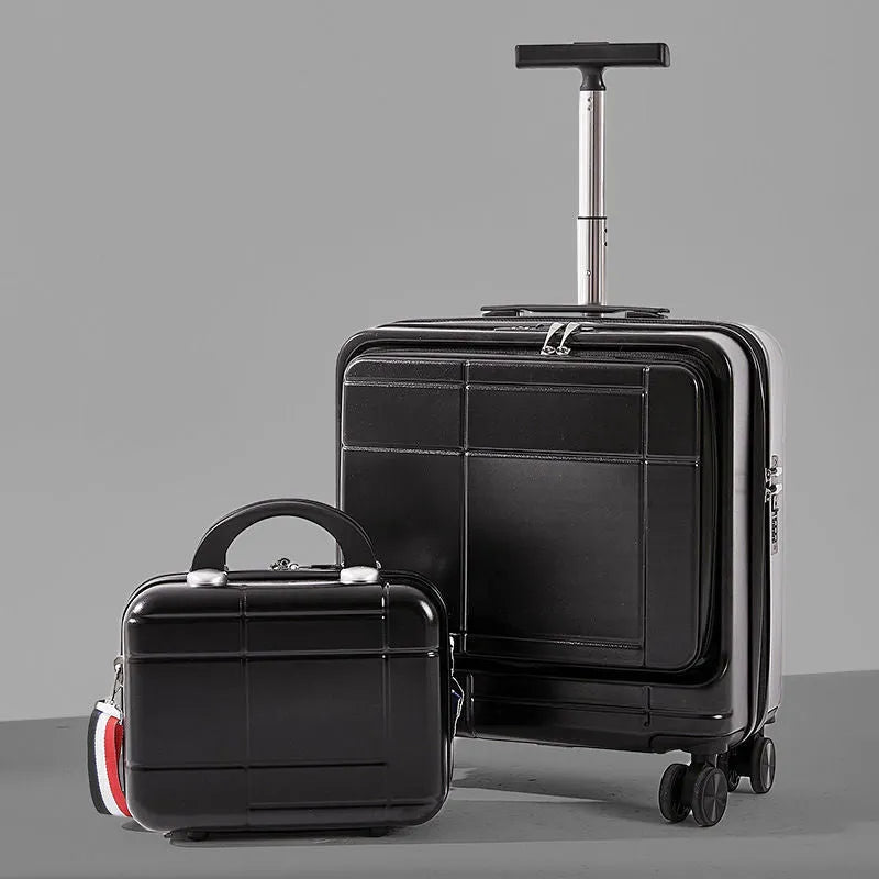 14-inch lightweight PC trolley suitcase with universal wheels and lock in black colour