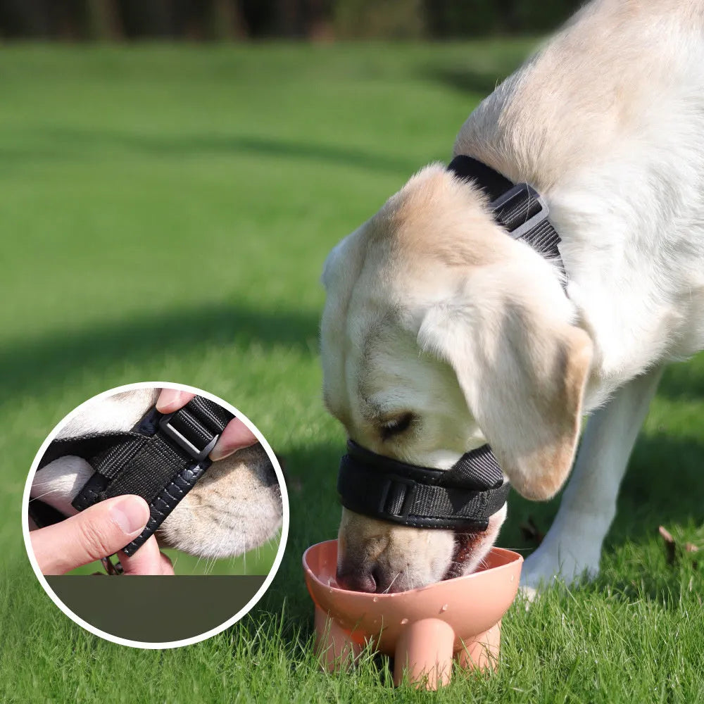 Adjustable soft foam dog muzzle with straps in black, side view, for anti-bite and anti-barking control in multiple sizes