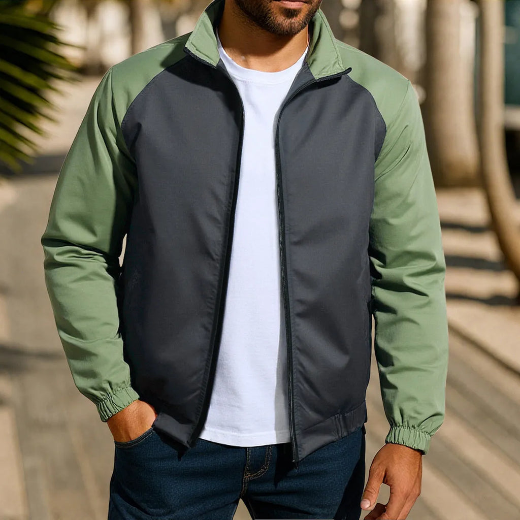 Men's loose fit casual jacket with a stand collar and raglan sleeves in a contrast colour.