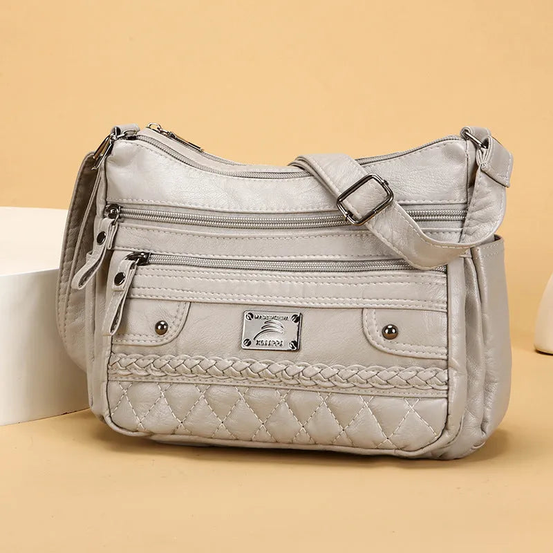 New fashion wash soft PU leather shoulder bag in horizontal square shape, 26x19x8cm, black colour with three-dimensional pocket