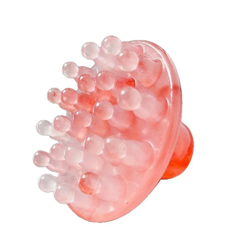 A disc-shaped meridian massage comb with 21 teeth, shown in coffee brown and yellow colour options.