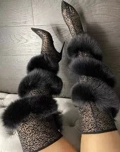 Women's pointed-toe over-the-knee stiletto boots in black leopard print with genuine leather upper and suede finish