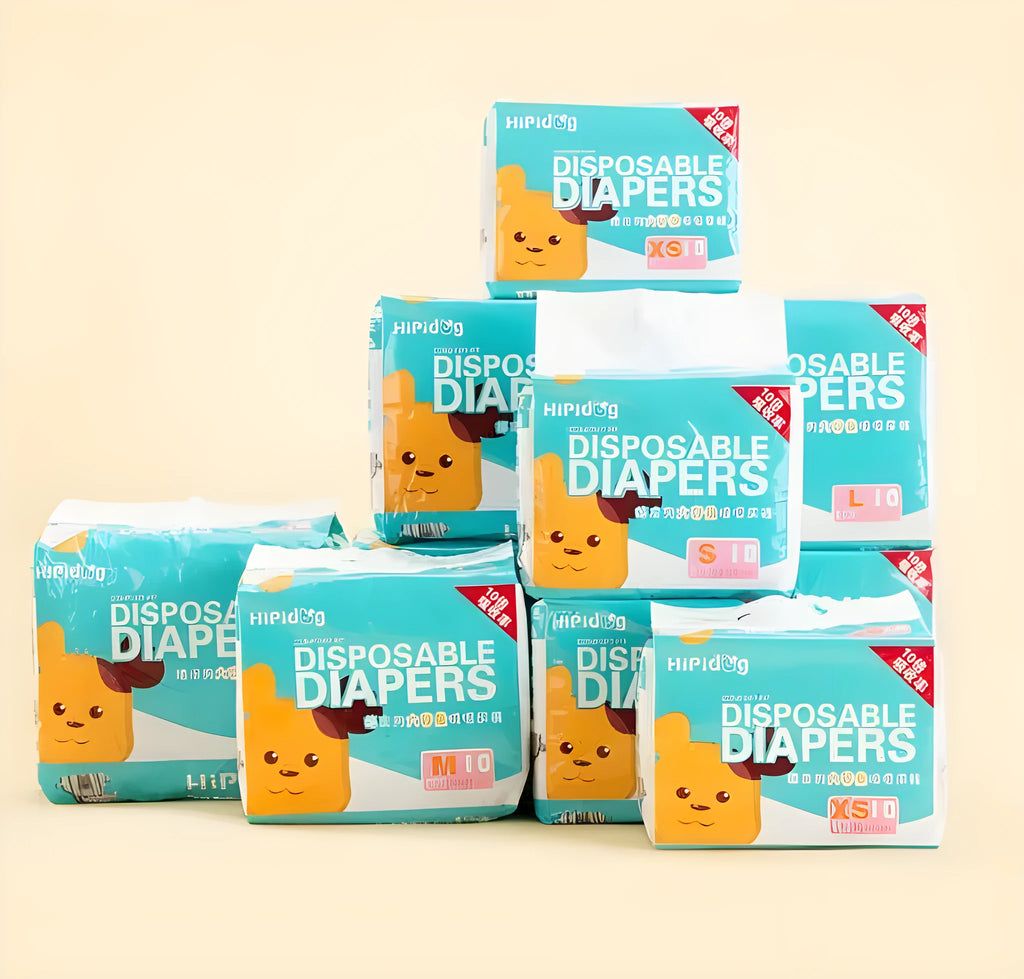 Disposable dog diapers 10 pack per bag with adjustable hook-and-loop waist, sizes S M L XL, for female and male dogs
