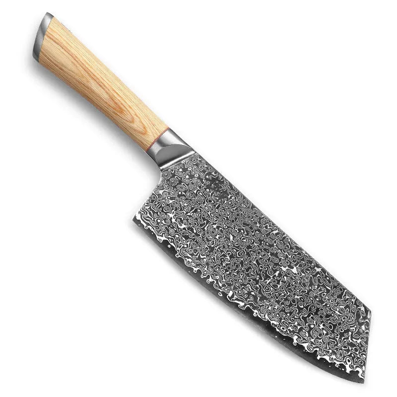 12-piece Damascus steel kitchen knife set with various blade types on a wooden block.