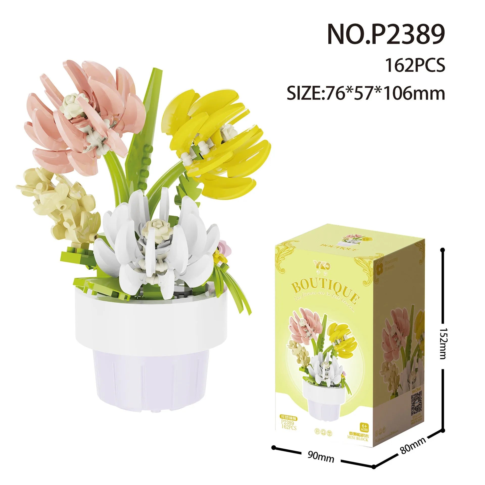 Micro diamond particle potted building blocks set in Smile to the Sun flower design, displayed in colour box packaging