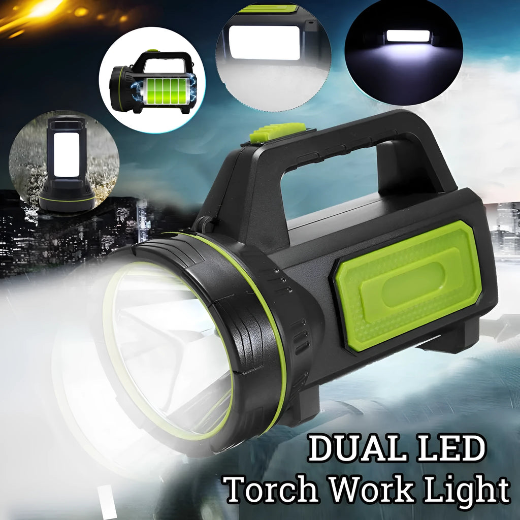 Green rechargeable LED flashlight with USB charging port showing dual lighting modes